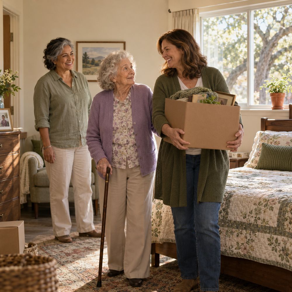 A resident, her daughter carrying a box and the community owner in a new room on move-in morning.