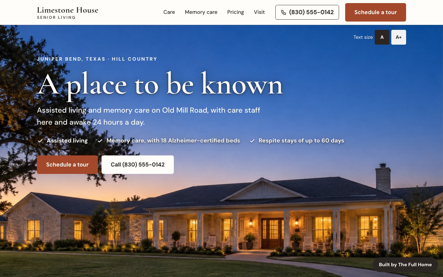 The home page of the Limestone House demo site on a laptop: a photo of the community at dusk, its phone number and a Schedule a tour button.